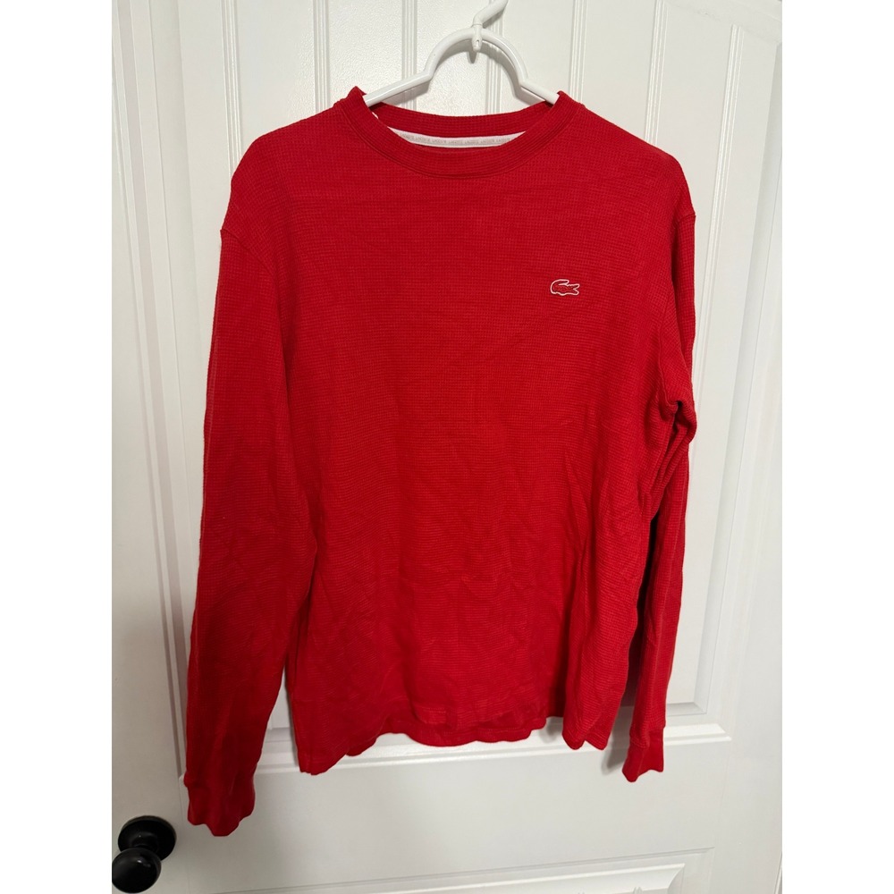 Lacoste Shirt Mens Large Waffle Knit Long Sleeve Red Sleepwear Crewneck EUC